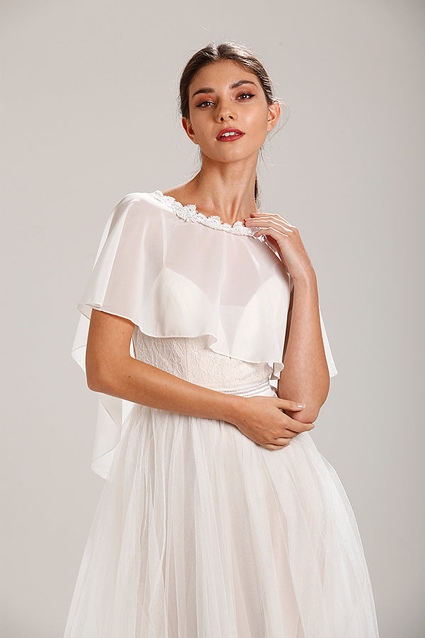 White Chiffon Cape With Lace Trim