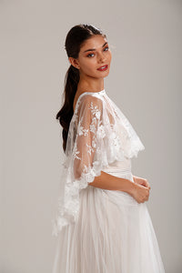 Ivory Lace Wedding Dress Capelet Bridal Shawl With Crystal Neckline Detail