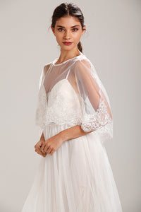 Ivory Lace Trim Wedding Dress Capelet Bridal Shawl With Crystals Style-5