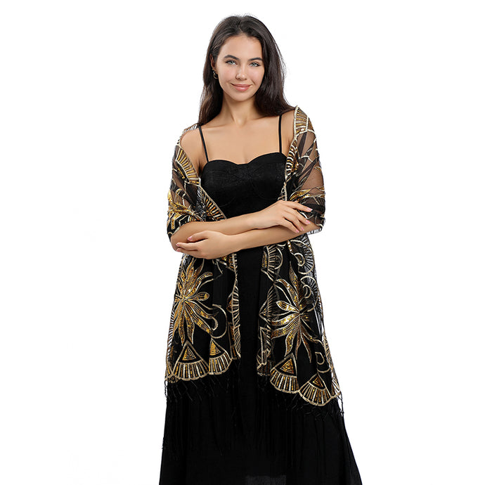 Black & Gold Sequin Art Deco Pashmina