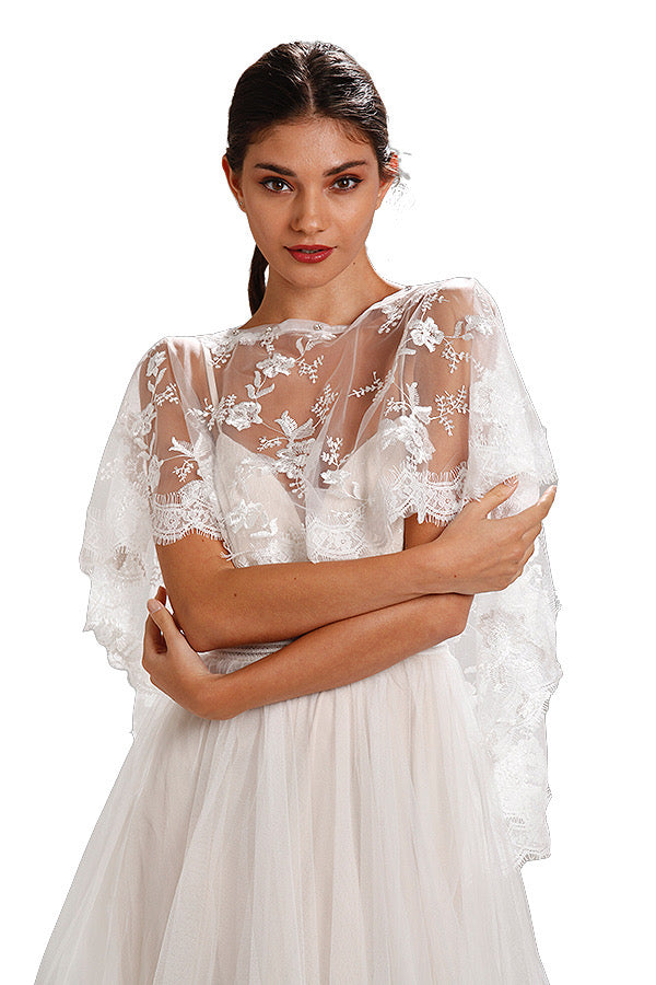 Ivory Lace Wedding Dress Capelet Bridal Shawl With Crystal Neckline Detail