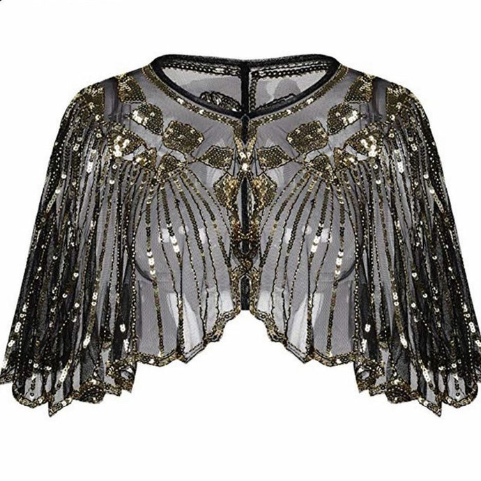 Black & Gold 1920s Sequin Capelet Shawl