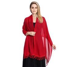Load image into Gallery viewer, Ruby Red Chiffon Shawl With Lace Tassels