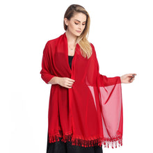Load image into Gallery viewer, Ruby Red Chiffon Shawl With Lace Tassels