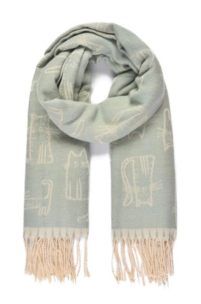 Cat Design Woven Winter Scarf In Sage