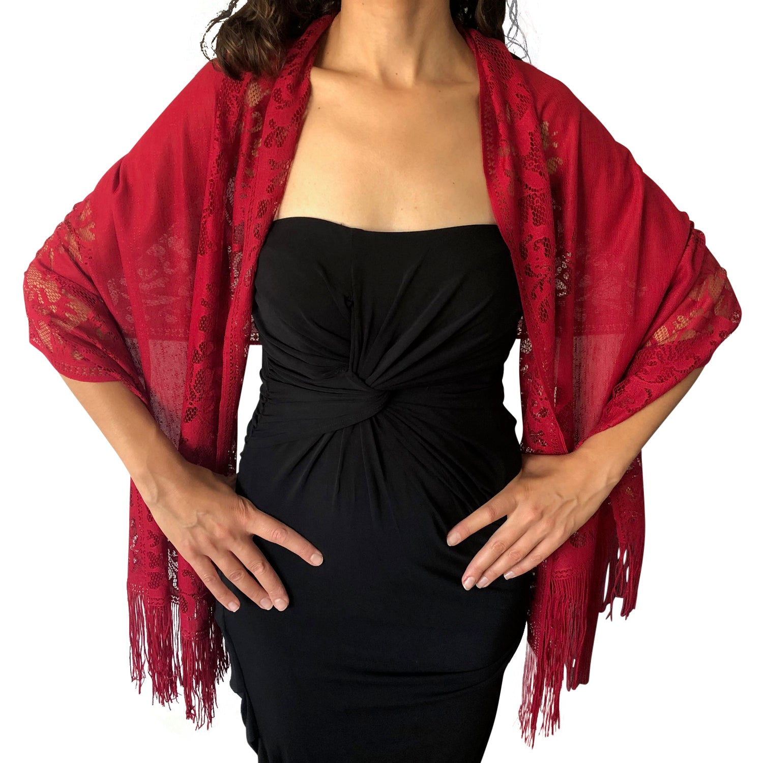 Black dress with red clearance shawl