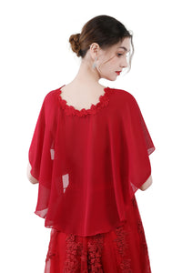 Wine Red Chiffon Cape With Lace Trim