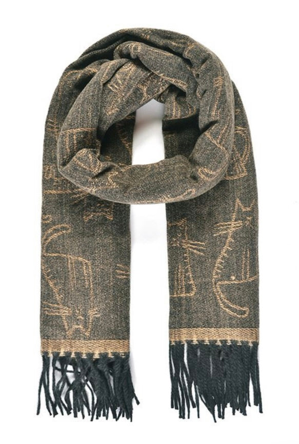 Cat Design Woven Winter Scarf In Olive