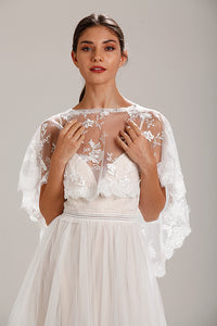 Ivory Lace Wedding Dress Capelet Bridal Shawl With Crystal Neckline Detail