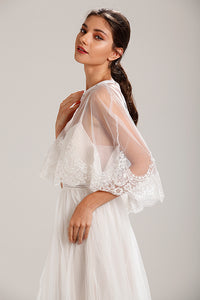 Ivory Lace Trim Wedding Dress Capelet Bridal Shawl With Crystals Style-5