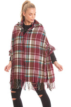 Load image into Gallery viewer, Burgundy Hooded Tartan Blanket Wrap Cape Open Poncho