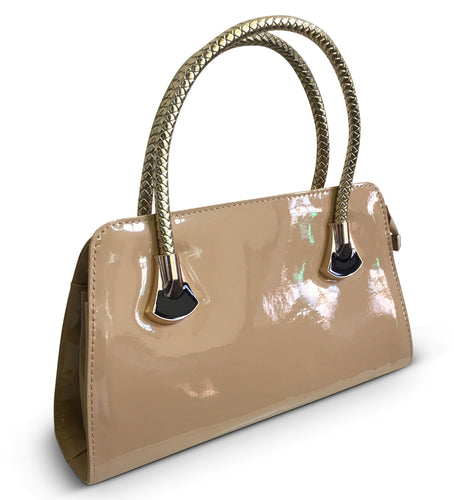 Khaki Patent Tote With Woven Handle
