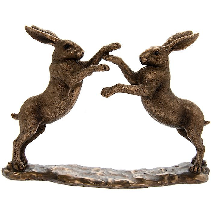 Reflections Bronzed Twin Hares Playing 21cm
