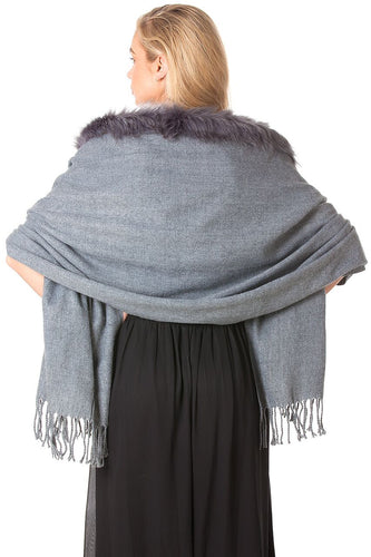 Grey Blanket Wrap Shawl With Faux Fur Trim